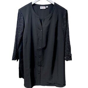 D&Co. Black Blouse Plus Size 2X Lace sleeve Stretch Womens Tunic Top NWOT